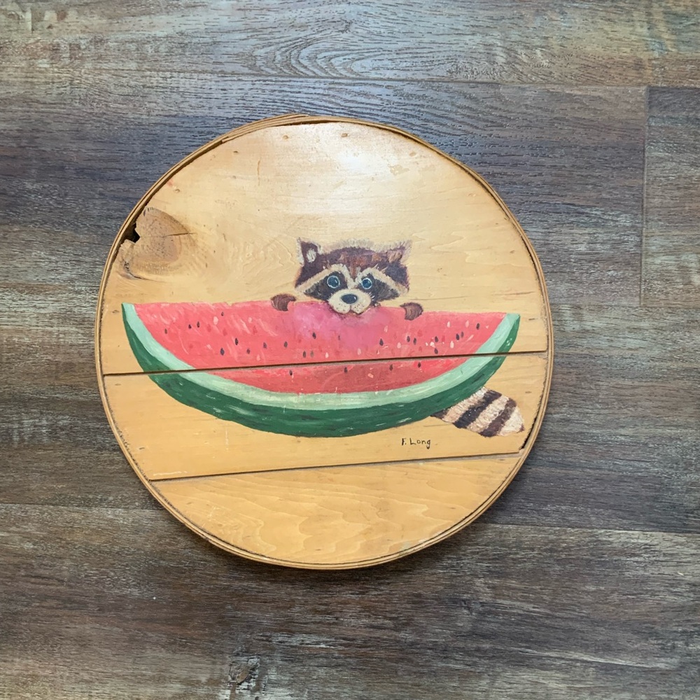Vintage 80s super cute hand painted raccoon eating some watermelon.